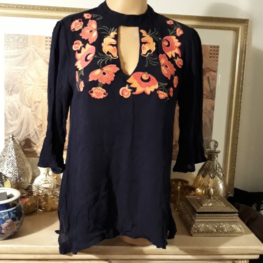 Boho Floral Embroidered Navy Blue ChokerTop